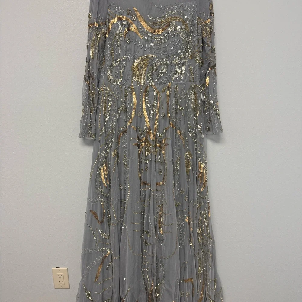 Mac Duggal Elegant Gray and Gold Embellished Evening Gown - Picture 3 of 7